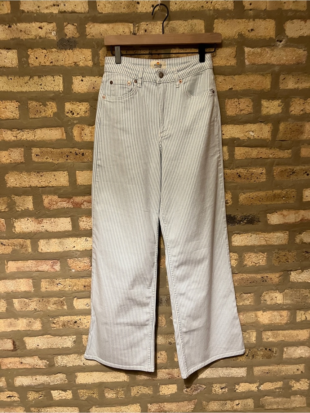 Marine Layer White and Light Blue Striped Wide-Leg Jeans